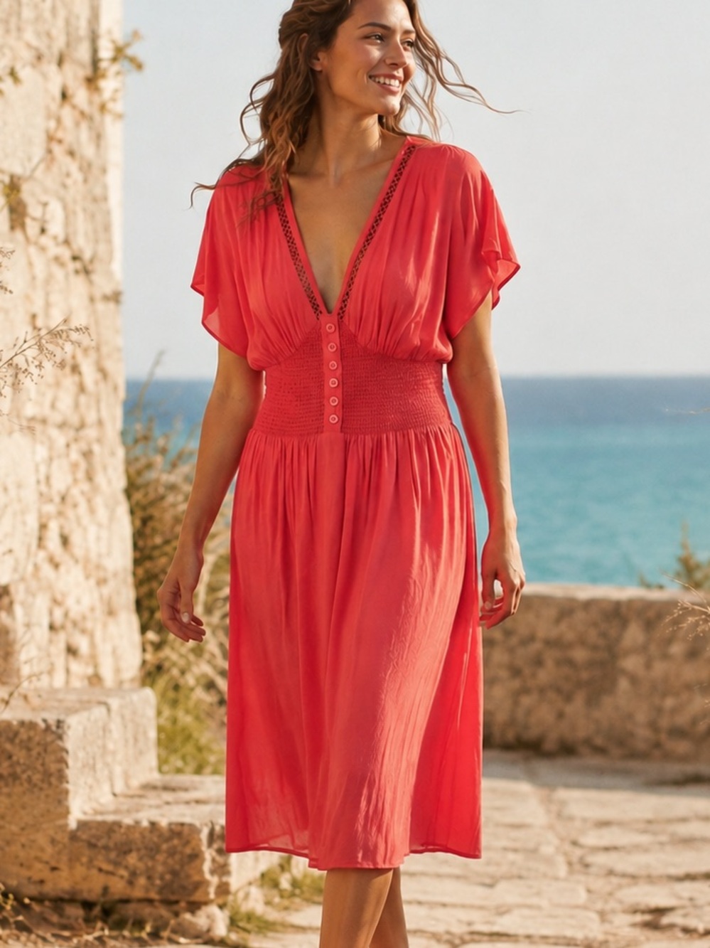 Patrons of Peace Coral Midi Dress Smocked Waist Crochet Trim Boho M NWT $98